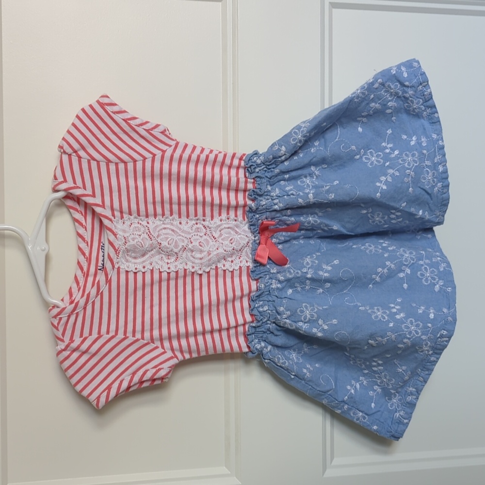 Nanette red and white stripe dress with denim floral skirt